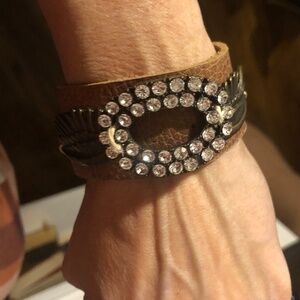 Plunder Women's Faux Tan Leather Cuff Bracelet Clear Rhinestones & Wings 1.25"w